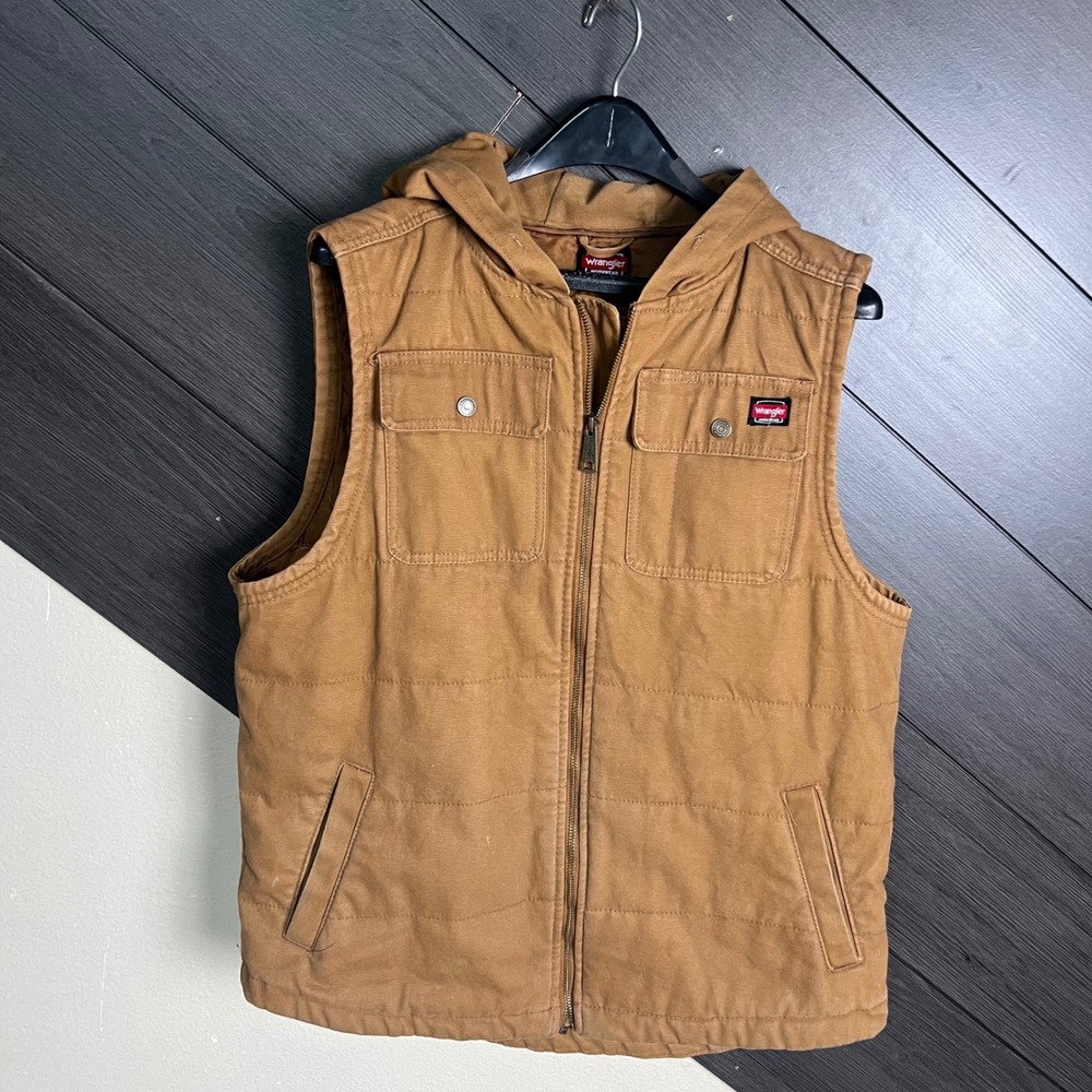 Wrangler Workwear Hooded Duck Canvas Puffer Vest Brown Large Utility Work